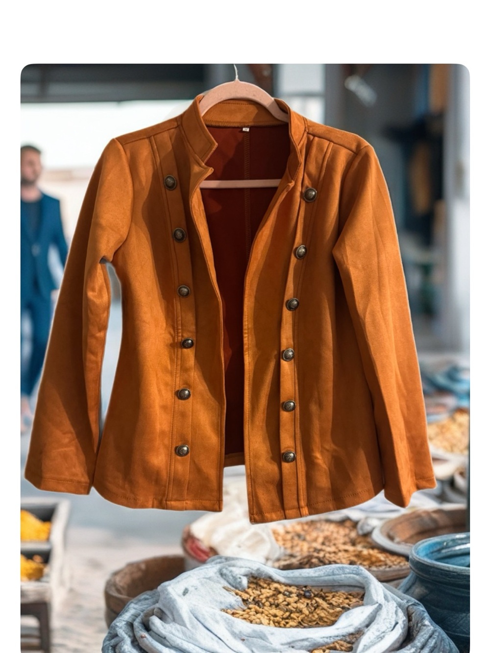 Women's Double-Breasted Faux Suede-Look Blazer in Rust Orange - Picture 2 of 4